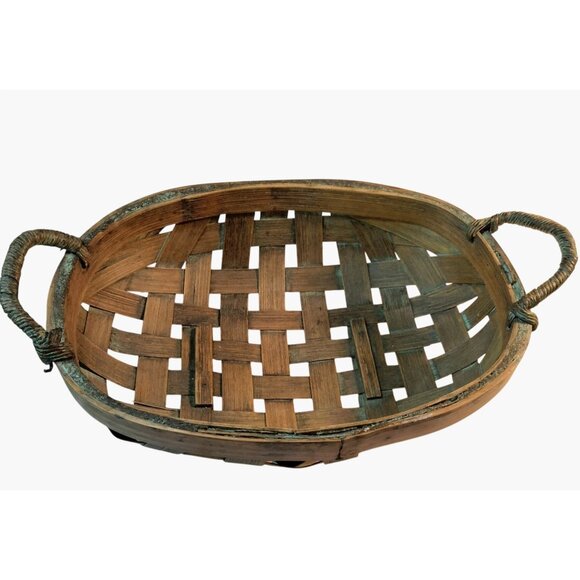 Vintage Oval Woven Bamboo Basket Twisted Handle Rustic Decor Cottage - Picture 3 of 7